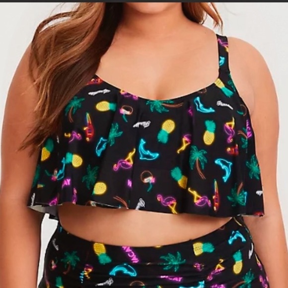 Torrid Neon Lights Flounce Bikini Top Palm Tree Flamingo Black 2X - Picture 1 of 7